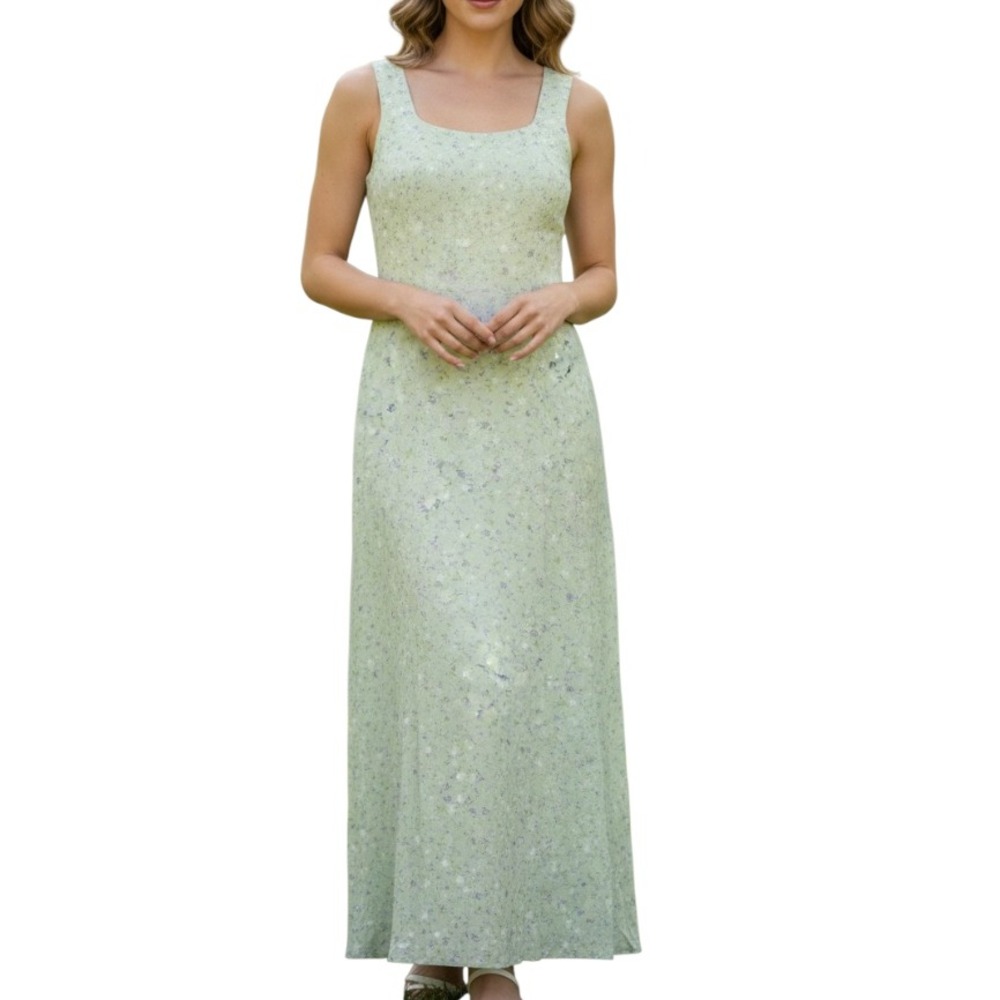 VTG RABBIT DESIGNS Petite FLORAL Green SLEEVELESS Cottagecore ZIP Maxi Dress 4P